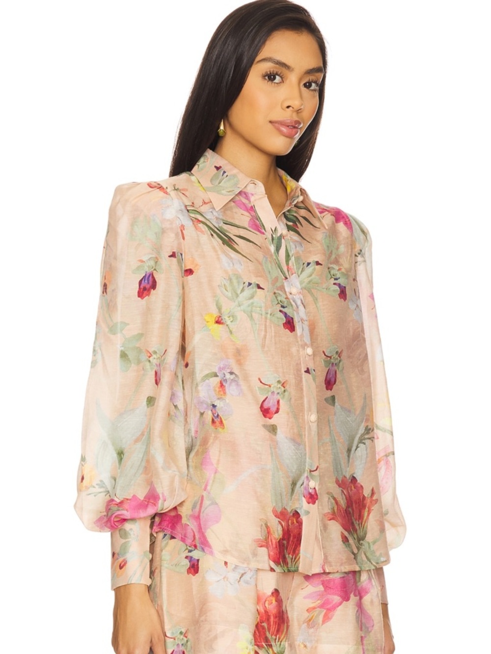 PatBO Peach Floral Sheer Button-Down Blouse